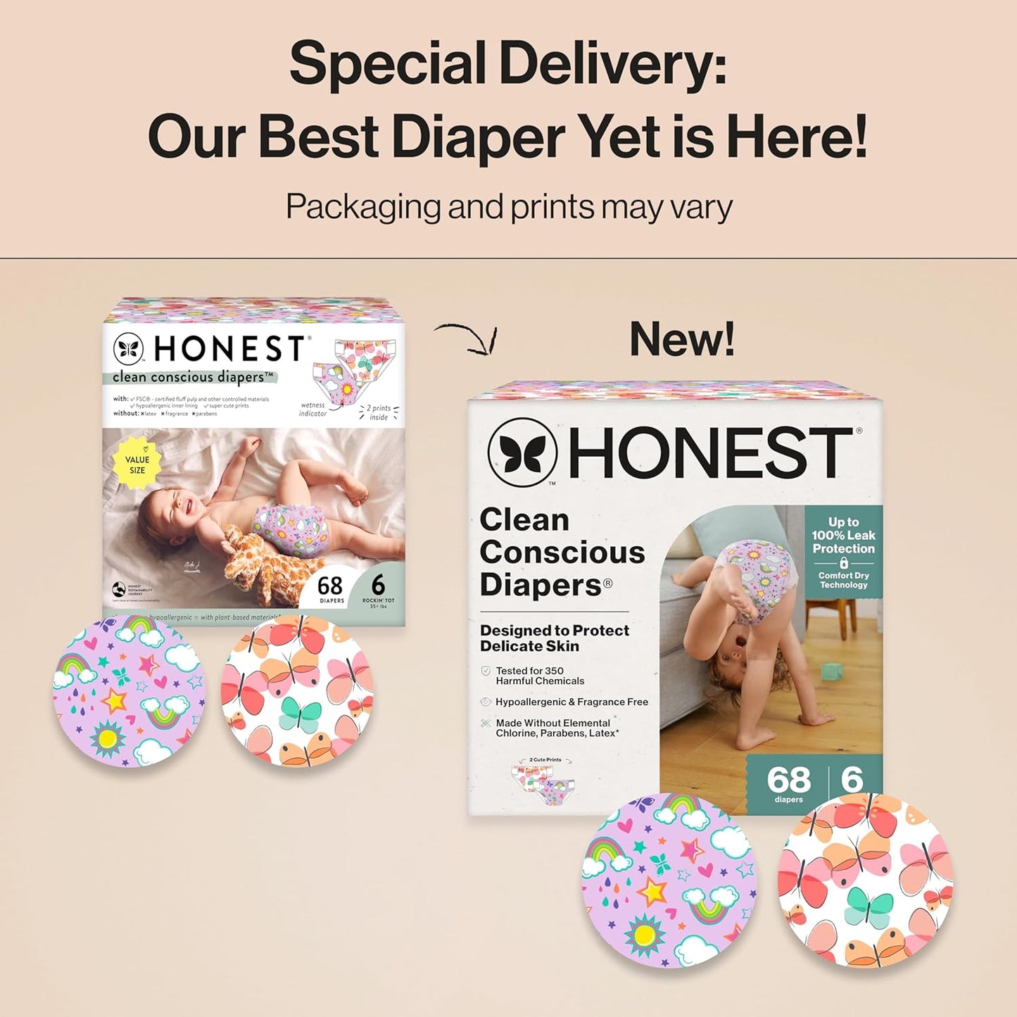 The Honest Company Clean Conscious Diapers for Delicate Skin | Up to 100% Leakproof | Hypoallergenic, Fragrance Free | Girl Prints | Super Club Box, Size 6 (35+ lbs), 68 Count (Prints May Vary)