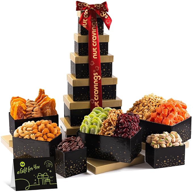 NUT CRAVINGS - Thanksgiving Mixed Nuts Gift Basket Black Tower + Heart Ribbon (12 Assortments) Holiday Xmas Christmas Food Arrangement, Healthy Snack Care Package, Food Assortments
