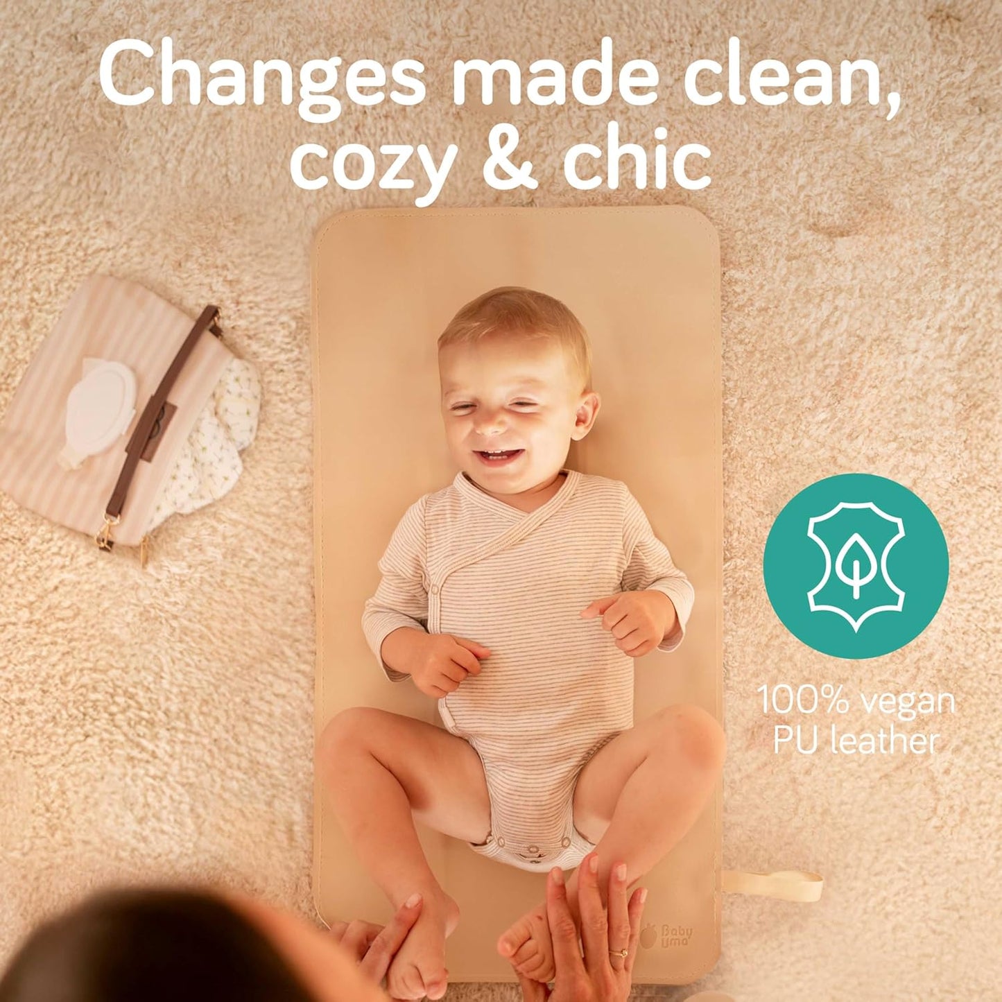 Baby Uma Vegan Leather Baby Changing Mat - Waterproof & Wipeable Changing Pad, XL for Growing Babies, Non-Toxic, Lead-Free & Phthalate-Free, Folds up for Easy Transport, 30″ x 16″ (Ivory)
