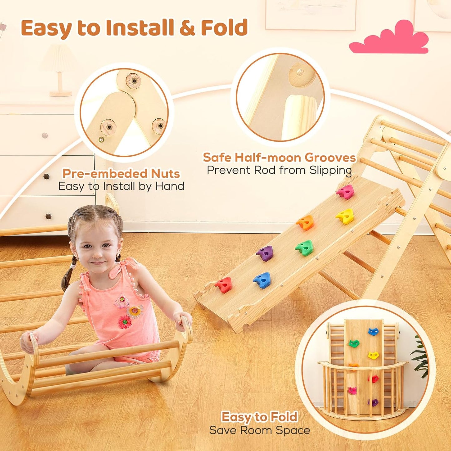 FUNLIO Foldable Pikler Triangle Set (3 Piece), Montessori Climbing Set with Solid Wood for Toddlers 2-6 yrs, Adjustable 3-in-1 Indoor Play Gym with Arch/Slide/Climbing Rock/Triangle, Easy to Install
