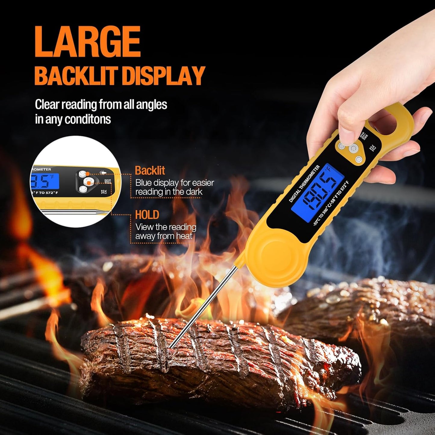 Meat Thermometer Digital, Instant Read Food Thermometer Waterproof with Backlight for Cooking, Deep Fry, BBQ, Grill, Smoker and Roast (Yellow)