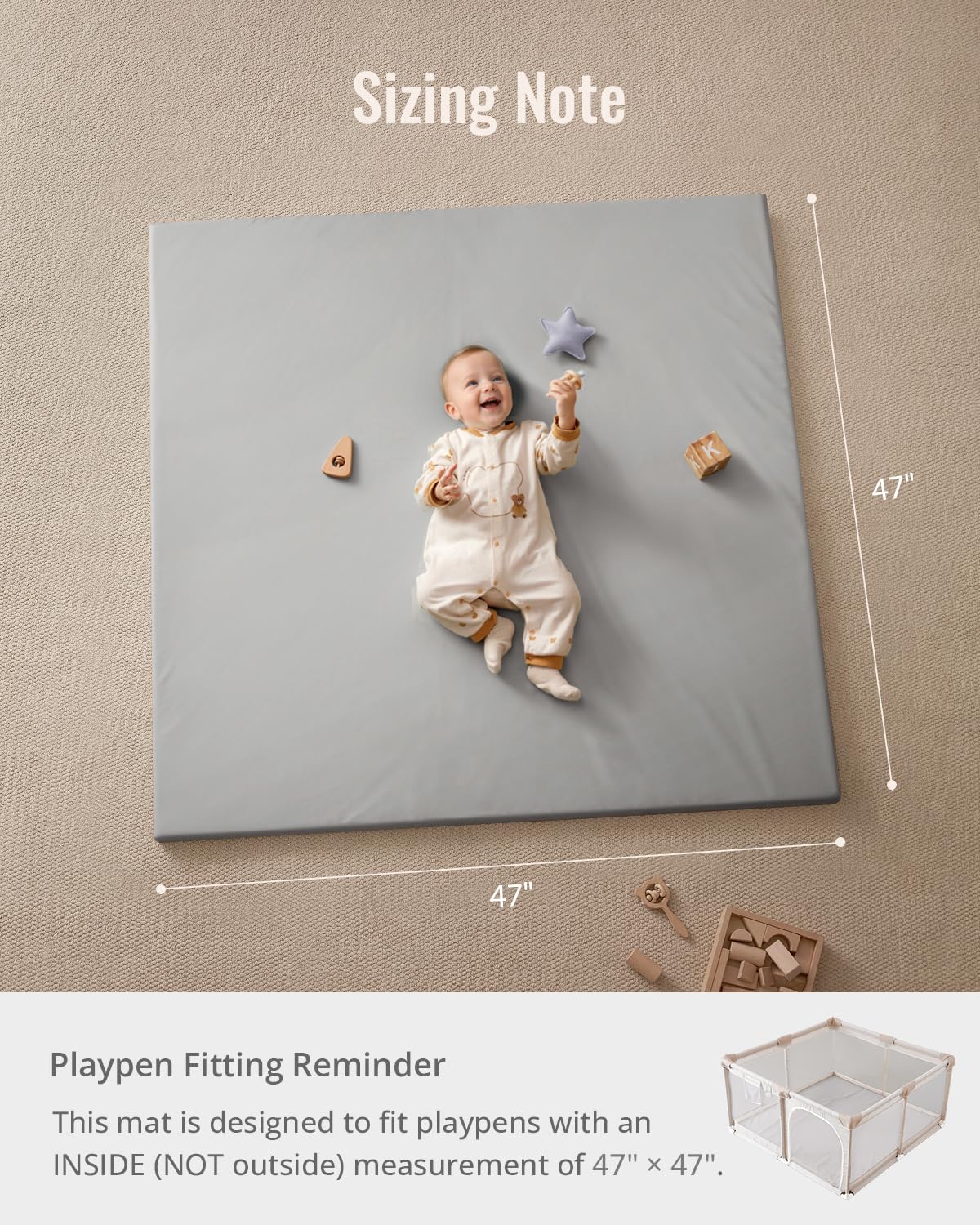 Blissful Diary Vegan Leather Baby Play Mat, 47x47 Thicken Foam Cushioned & Waterproof Playpen Mat for Infants and Toddlers, Stylish and Just Wipe-Clean Playmat for Baby Play on Floor, Light Gray