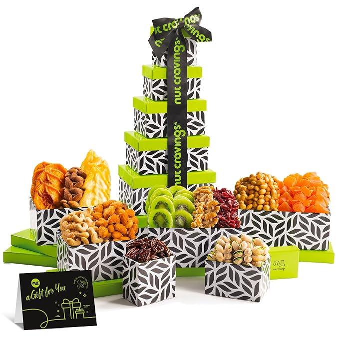 NUT CRAVINGS - Thanksgiving Dried Fruit & Mixed Nuts Gift Basket Leaf Tower + Ribbon (12 Assortments) Holiday Xmas Christmas Food Arrangement, Healthy Snack Care Package