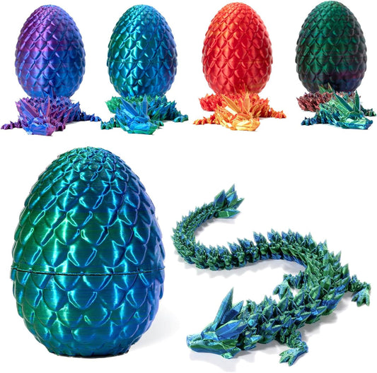 3D Printed Dragon in Egg, Full Articulated Dragon Crystal Dragon with Dragon Egg, Home Office Decor Executive Desk Toys, Adults Fidget Toys for Autism/ADHD (Laser Green, 12")