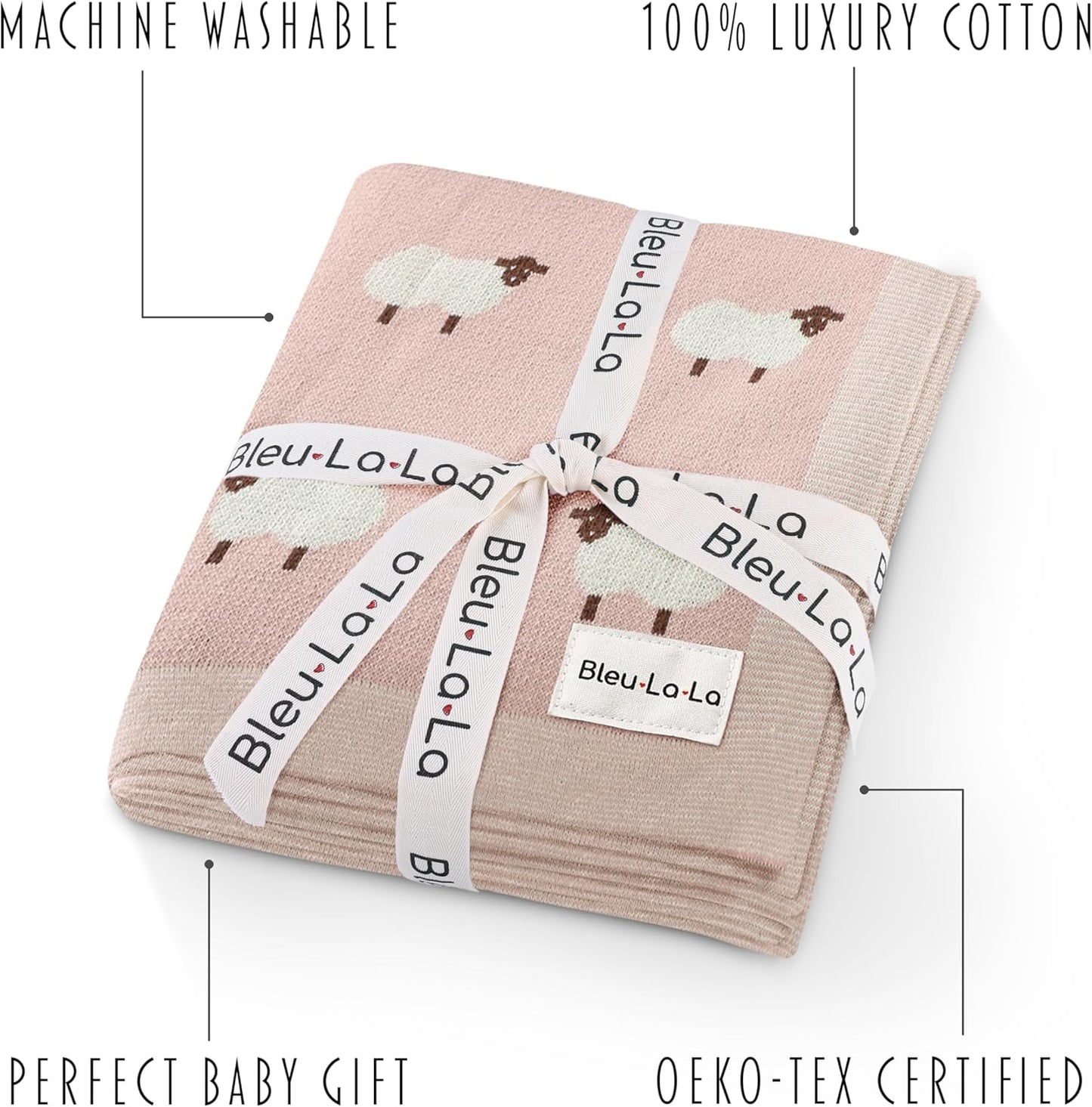 Luxury Knit Baby Receiving Blanket - 100% Cotton Soft Cozy Lightweight Receiving Swaddler Crib Stroller Blanket for Shower Gift Registry for Newborns Infants Toddlers (Sheep - Light Pink)