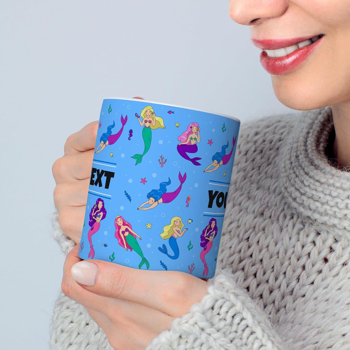 Personalized Mug for Kids - Mermaids - Custom Name/Text, Ceramic Hot Chocolate/Cocoa/Coffee Cup for Girls, Birthday/Christmas/Holiday Gift - 11 oz, Black Handle