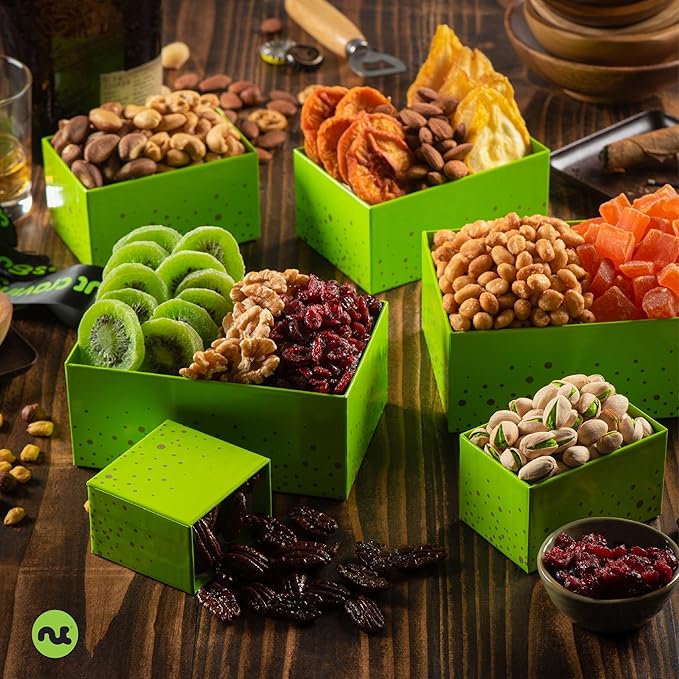 NUT CRAVINGS - Thanksgiving Dried Fruit & Mixed Nuts Gift Basket Green Tower + Ribbon (12 Assortments) Holiday Xmas Christmas Food Arrangement, Healthy Snack Care Package