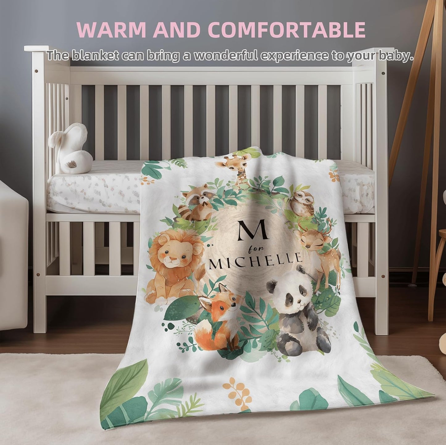 Jungle Safari Animals Greenery Monogram Baby Blanket, Personalized Custom Baby Throw Blanket with Name for Boys Newborn Son Daughter Grandson Granddaughter Toddler Birthday Bed Blanket