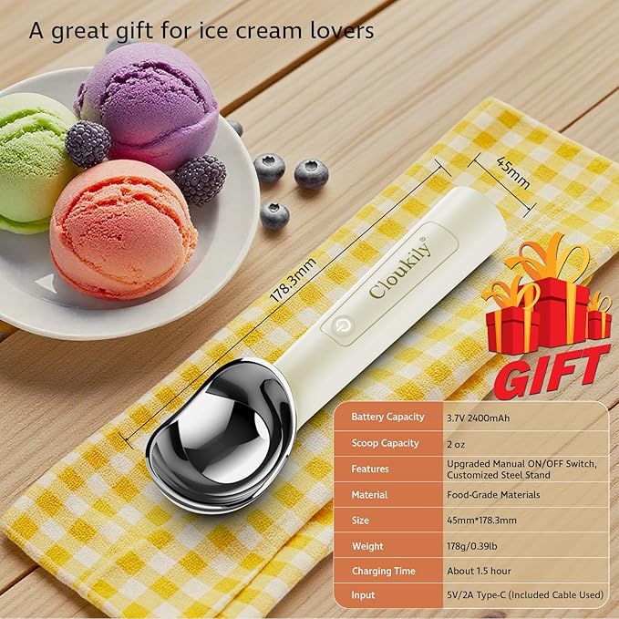 Heated Ice Cream Scoop with ON/OFF Switch(Latest Gen 3.0): Rechargeable Electric Icecream Scooper with Holder,2025 Kitchen Gadgets for Hard Ice Cream, Waterproof IP67,Max to 158℉