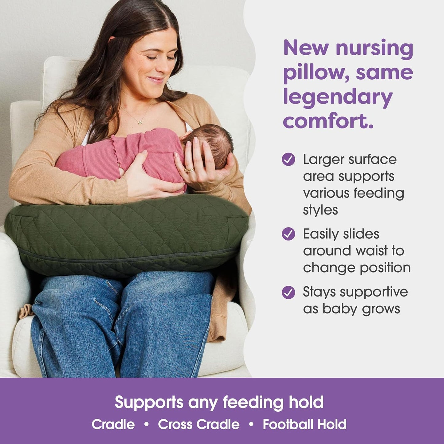 Boppy Nursing Pillow with Luxe Fabric Cover, Quilted Moss, Larger, More Supportive Pillow for Breastfeeding and Bottle Feeding; Firmer and Higher Than Original, w/Premium Cover; JPMA Certified