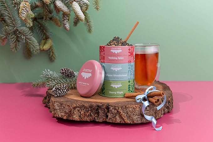 JusTea HOLIDAY TEA TRIO | Stacking Tins Variety Pack with Hand Carved Tea Spoon | Loose Leaf Tea | Variable Caffeine | Award-Winning | Fair Trade | Non-GMO
