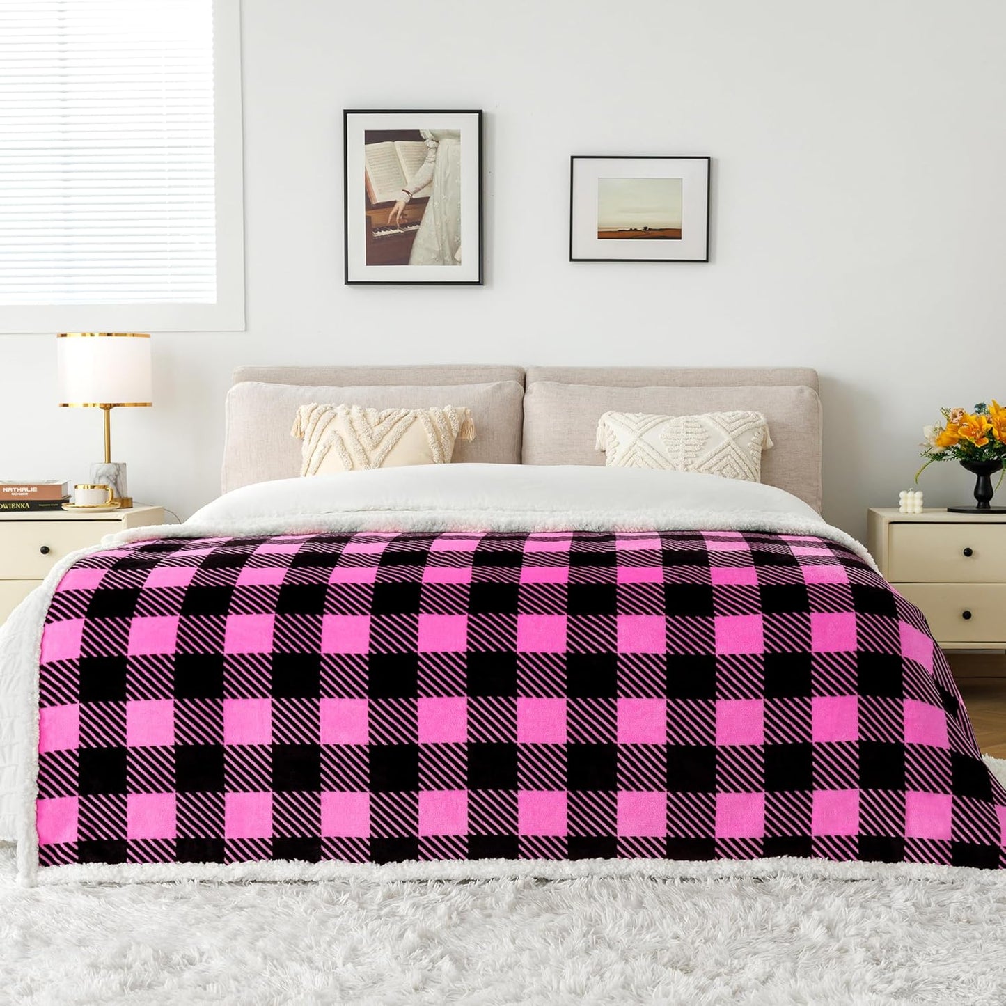 Touchat Sherpa Plaid Twin Blanket 60" X 70", Fuzzy Fluffy Soft Cozy Throw Blanket, Twin Size Plush Fleece Flannel Plush Microfiber Blanket for Couch Bed Sofa (Rosepink)