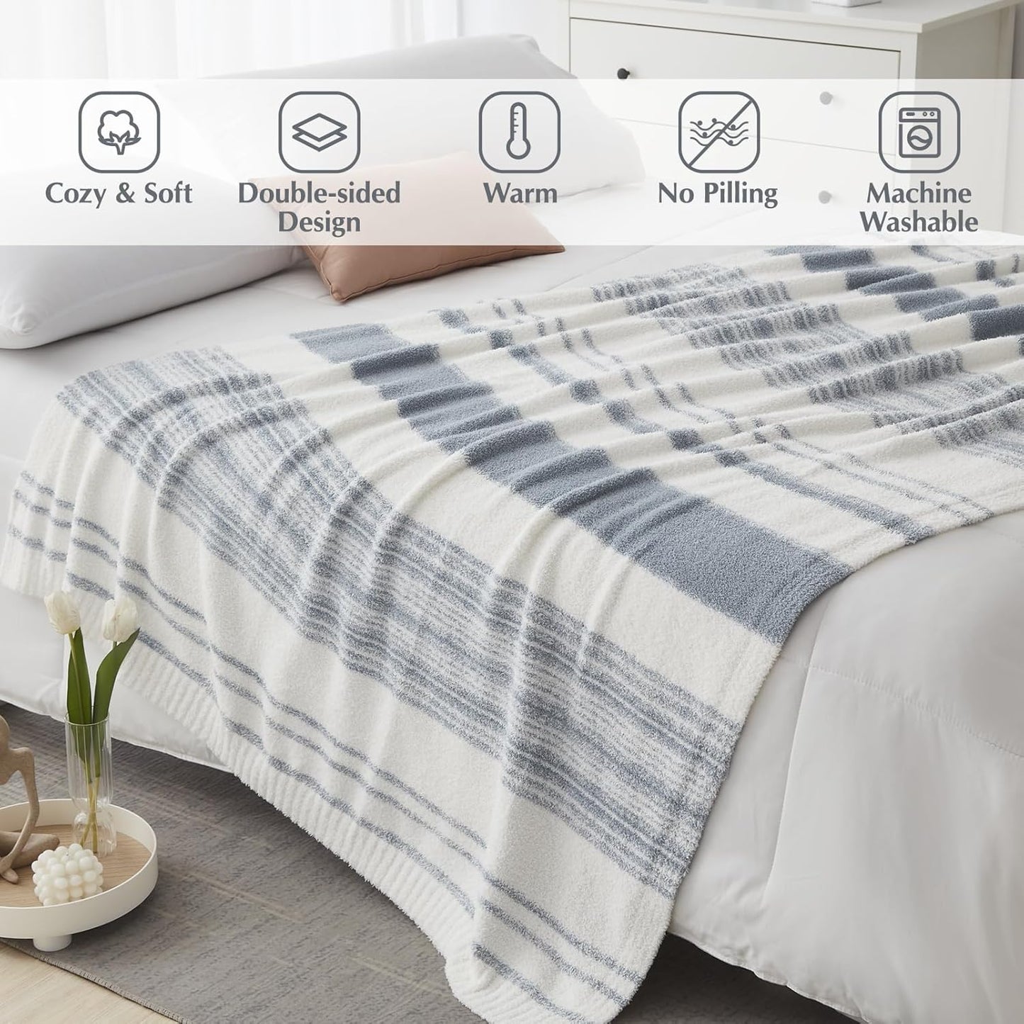 WRENGONGE Grey Blue Throw Blanket, 60x80 Soft Cozy Striped Throw Blankets for Couch, Sofa, Bed, Travel, Lightweight Fluffy Warm Plush Decorative Blankets for Women, Men,Kids Gift