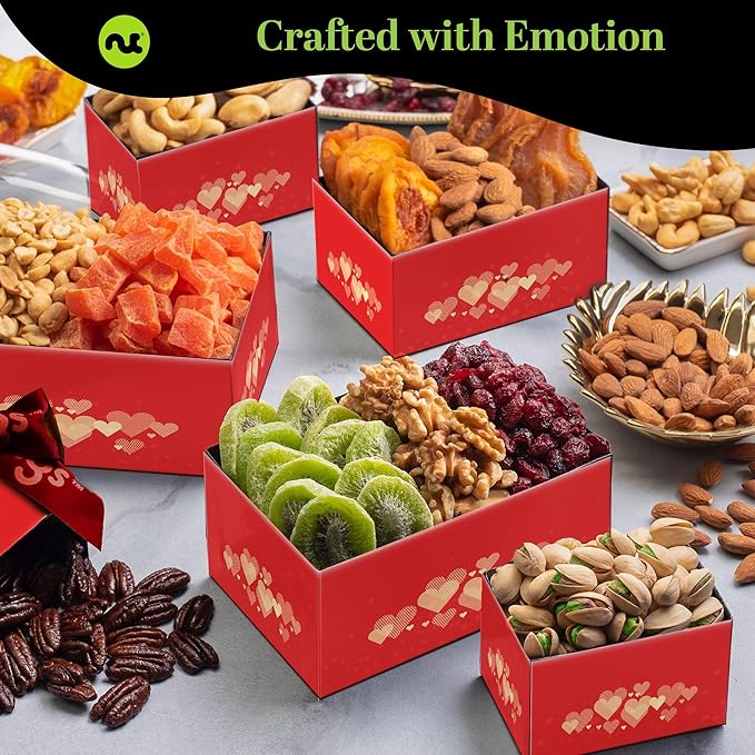 NUT CRAVINGS - Thanksgiving Dried Fruit & Mixed Nuts Gift Basket Red Tower + Heart Ribbon (12 Assortments) Holiday Xmas Christmas Food Arrangement, Healthy Snack Care Package