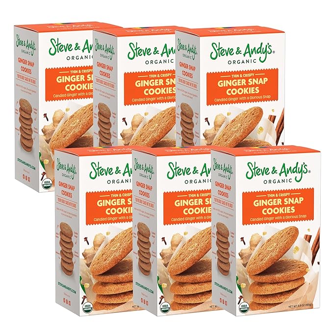 Steve & Andy’s Thin, Crispy & Scrumptious Ginger Snap Cookies - Organic & Gluten Free, Non-Gmo, Nut Free, Wheat Free, Soy Free - 6 Boxes, 33 Oz (60 Cookies)