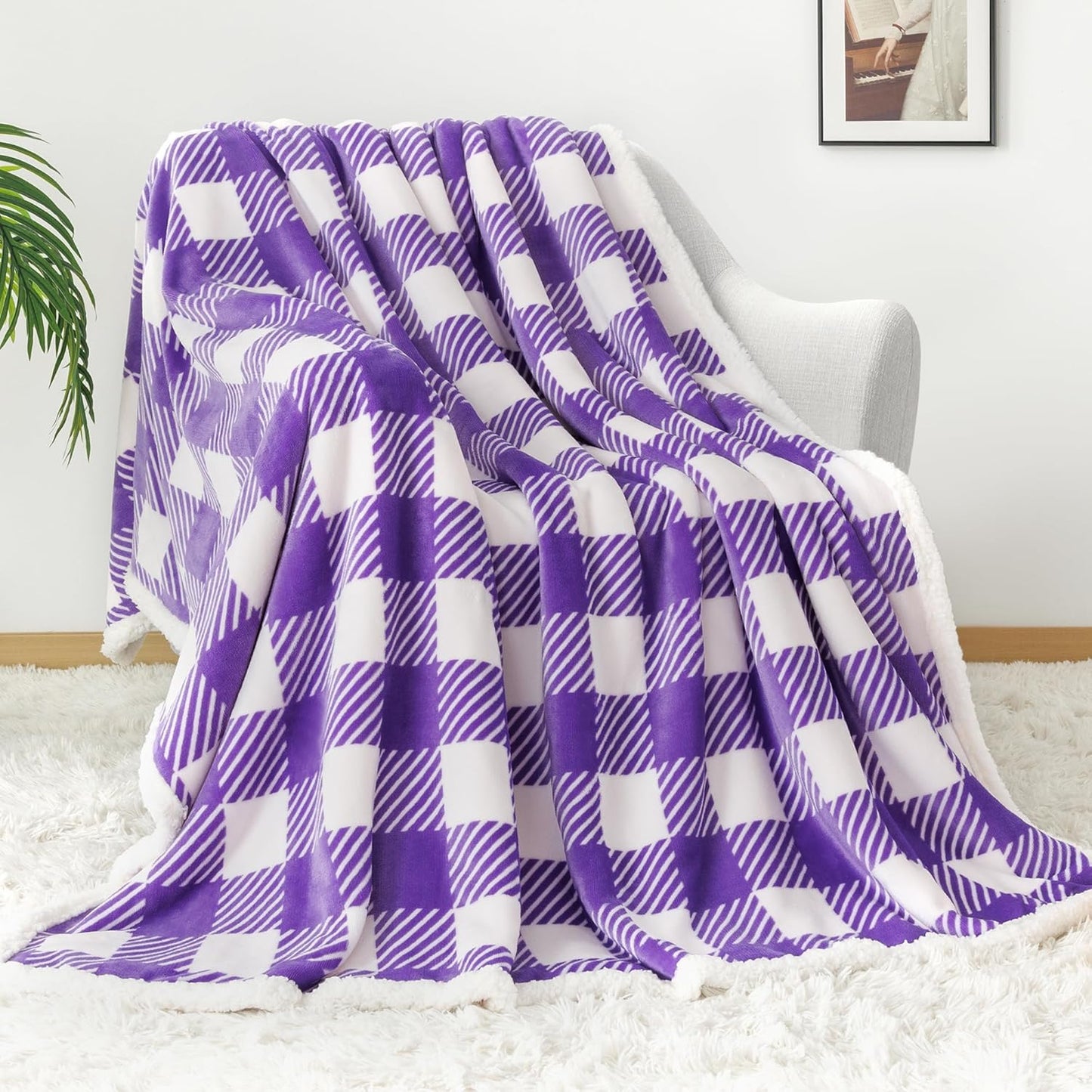 Touchat Sherpa Plaid Twin Blanket 60" X 70", Fuzzy Fluffy Soft Cozy Throw Blanket, Twin Size Plush Fleece Flannel Plush Microfiber Blanket for Couch Bed Sofa (PurpleWhite)