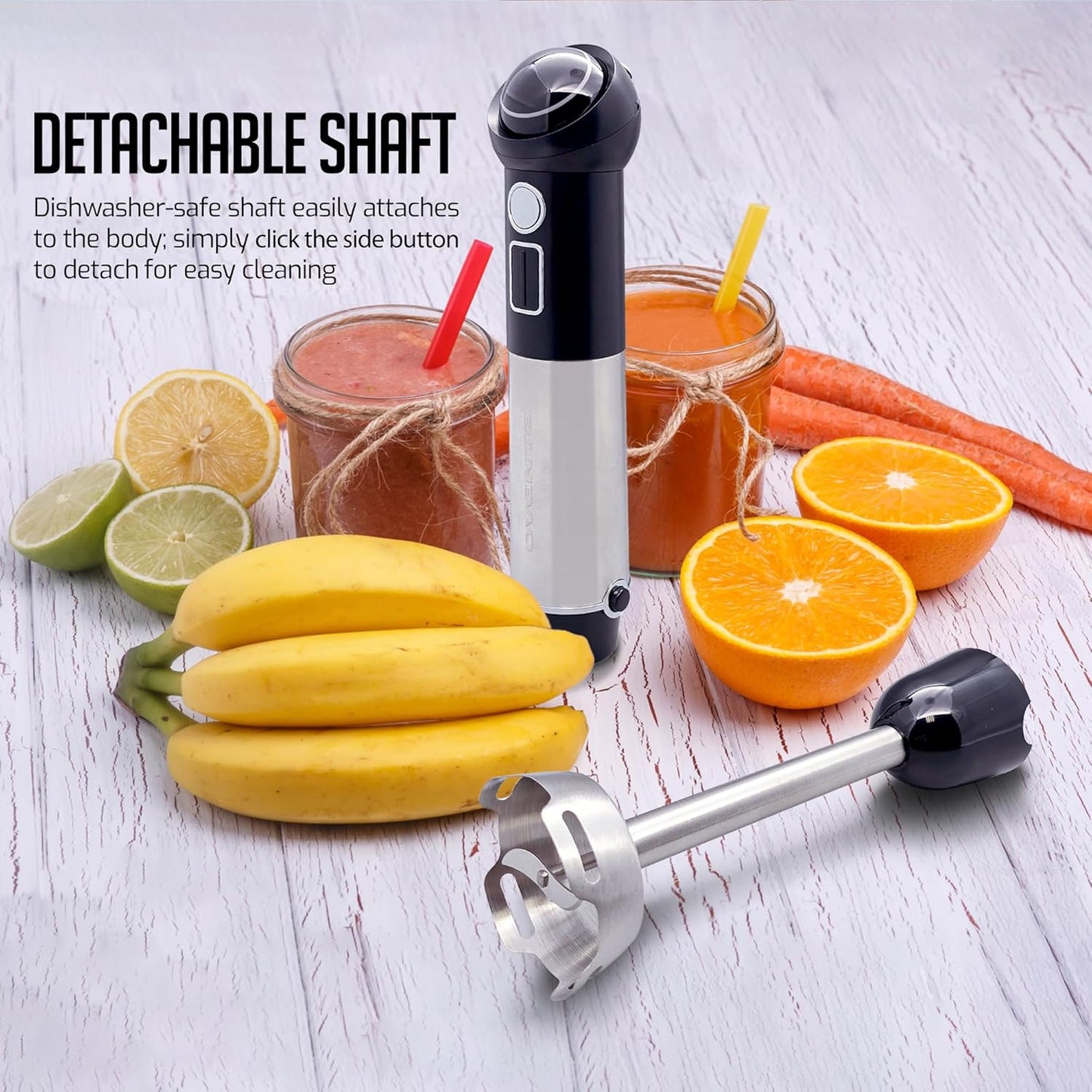 OVENTE Cordless Immersion Hand Blender, 300W Rechargeable Handheld Portable Stick Mixer with Speed Pulse Activating Sensor and Stainless Steel Blades for Smoothies, Shakes or Baby Food, Black HR995B