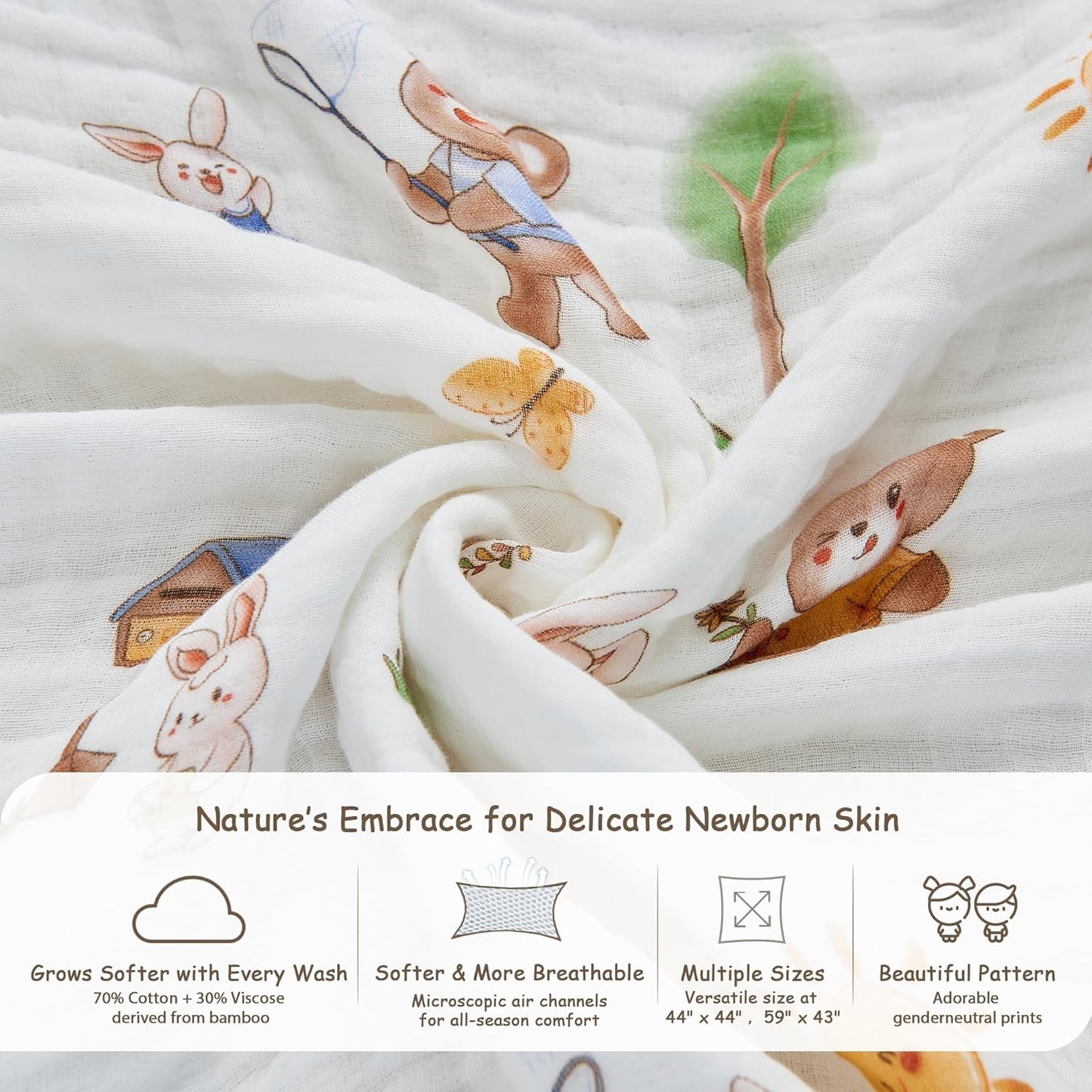 Luxury Muslin Baby Blanket, Cozy Swaddle, 6-Layer Cotton Receiving Blanket for Newborn Infant, 43x43 Inch Lightweight Breathable Crib Blanket, Nursery Stroller Toddler Quilt, Bear Print