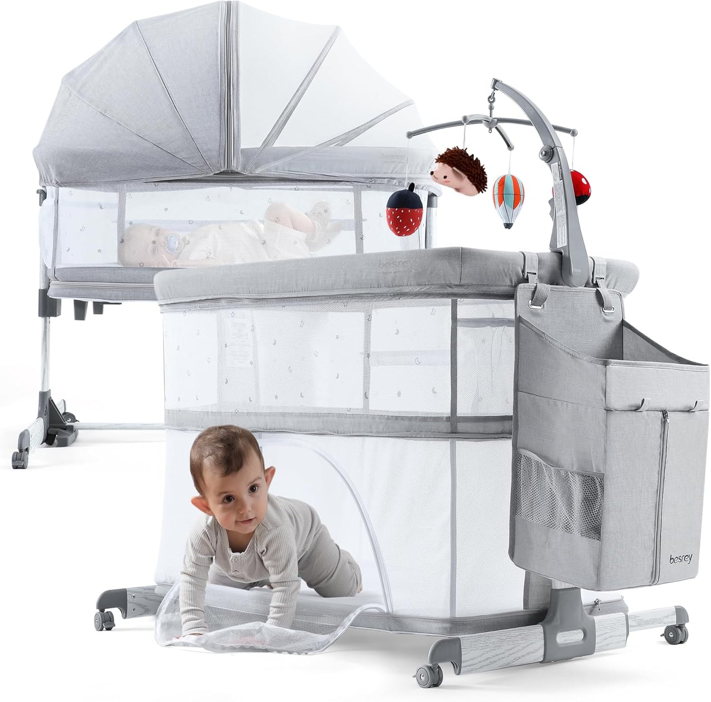 besrey 5 in 1 Baby Bassinet Bedside Sleeper, Playpen with Bassinet & Baby Cradle, Adjustable Bedside Crib for Newborn Infant with Mobile Toy Hanger, Hanging Diaper Bag, Mosquito Net, Mattress