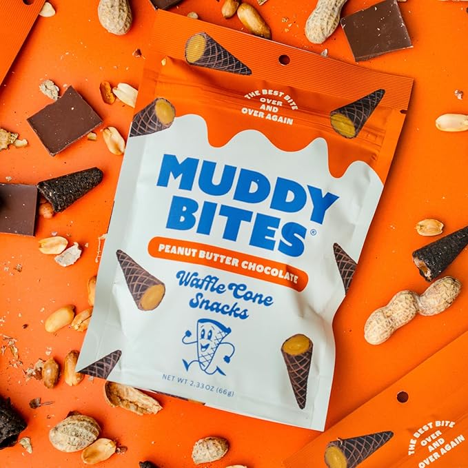 Muddy Bites Waffle Cone Snacks Bite Sized Chocolate Filled Cones for Dessert, Ice Cream Topping, Premium, Kosher(Peanut Butter Chocolate, 8 Bags)