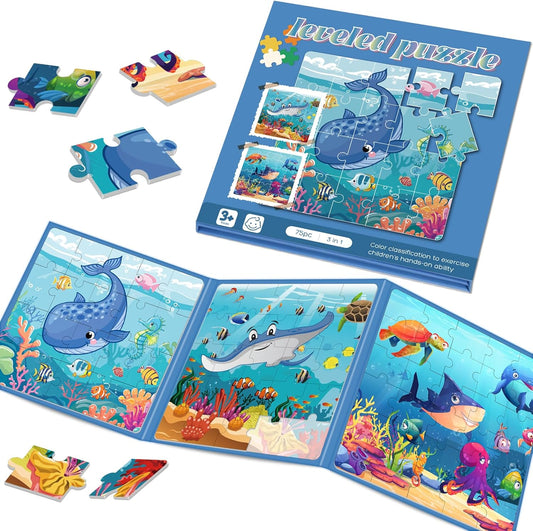 Magnetic Puzzles for Toddlers 3-5 , 75-Pieces Travel Toys , Sea Puzzles Ages 4-6, Educational Learning Magnets, Road Car Trip & Airplane Activities Toys for 3 4 5 6 7 Girls Boys Gift