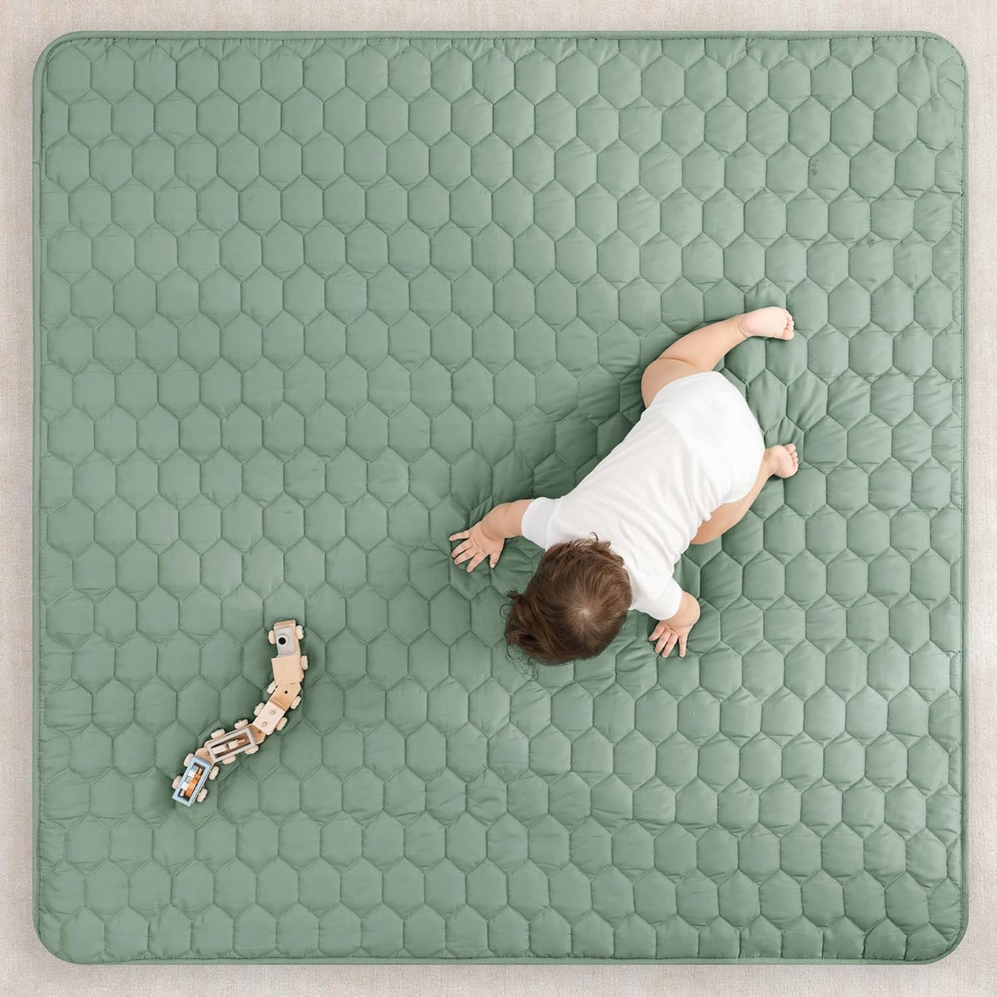 Comfy Cubs Square Kids Play Mat - 56 x 56 inches Soft Quilted Baby Floor Mat with Non-Slip Bottom - Plush Design for Toddlers' Playtime and Relaxation - Comfortable and Durable - Fern