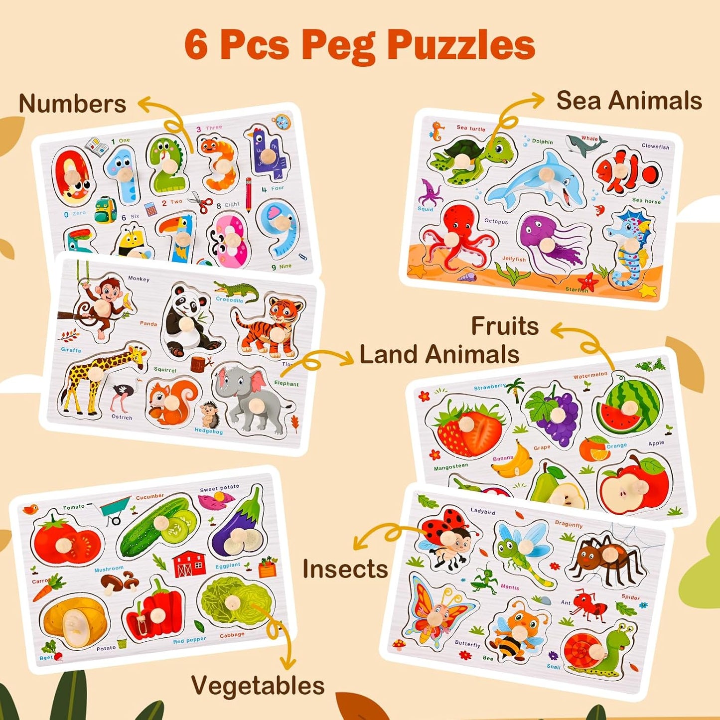 Wooden Peg Puzzles for Toddlers 1-3, 6 PCS Puzzles for Kids, Montessori Toddler Numbers, Vegetables, Fruits, Insects, Sea and Animals Puzzles, Great Preschool Gifts for Girls and Boys