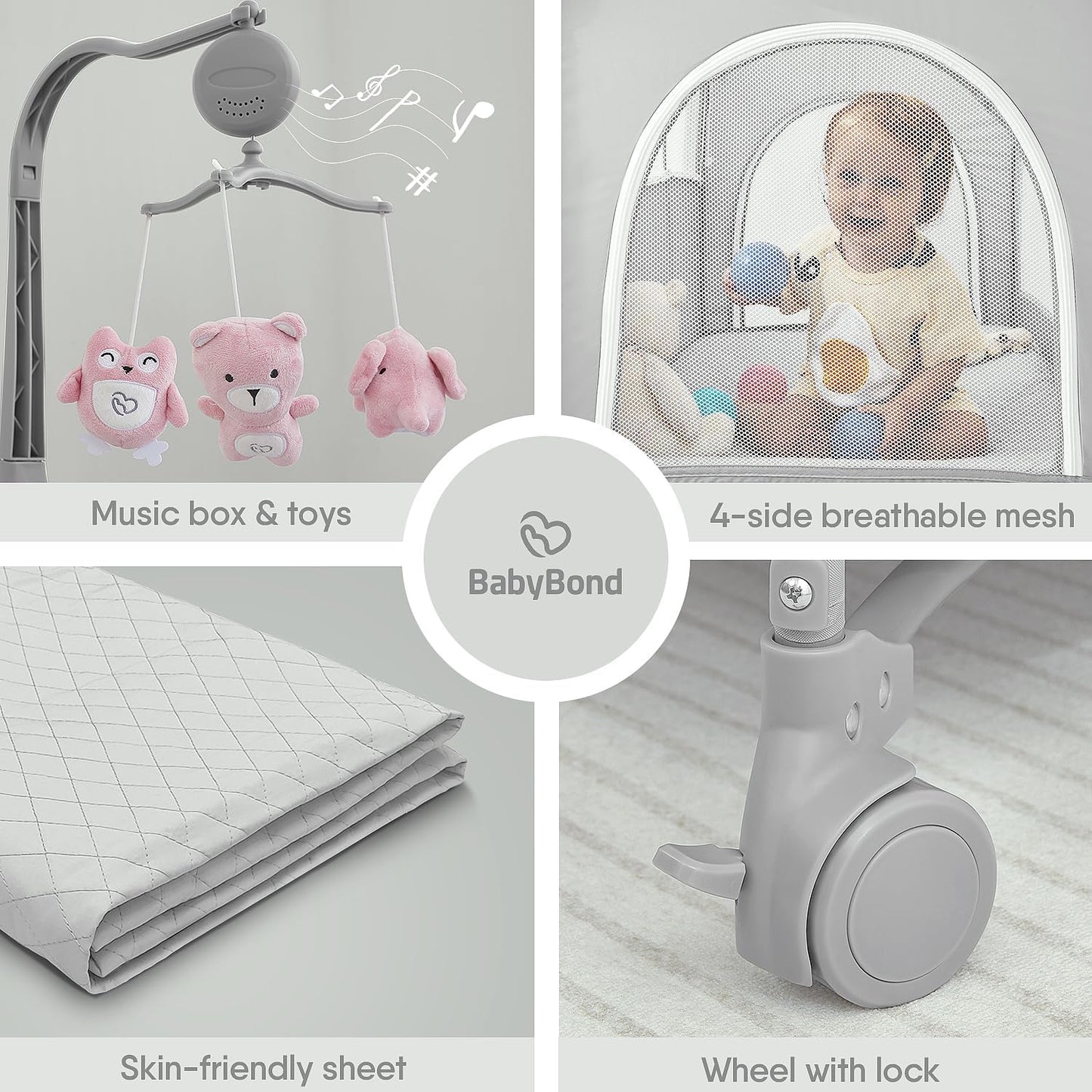 BabyBond Baby Bassinet Bedside Crib, Pack and Play with Sheet, Diaper Changing Table and Music Mobile from Newborn to Toddles, Portable Large Playard