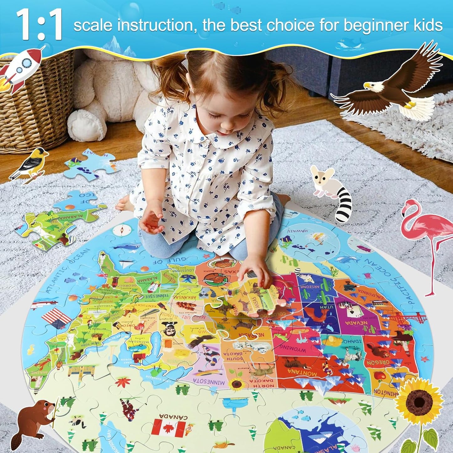 United States Puzzle 70 Pieces USA Map Floor Jigsaw Puzzles for Kids Ages 4-10, Jumbo Round US Geography Puzzle 50 States with Capitals Educational Learning Toys for Boy or Girl