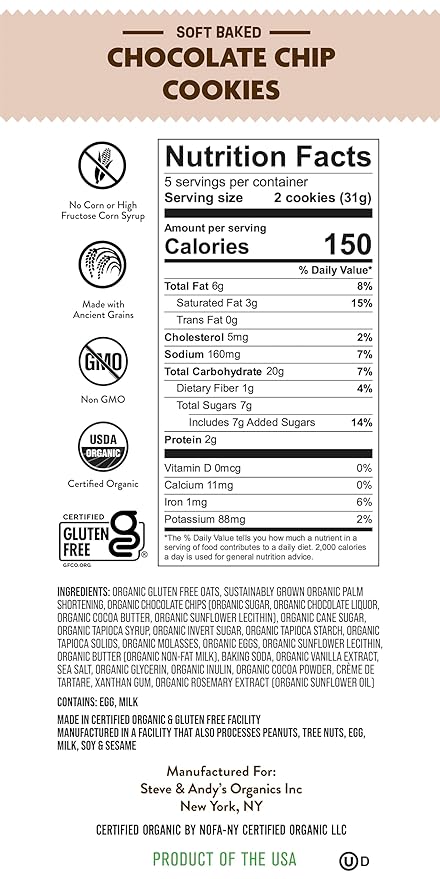 Steve & Andy’s Deliciously Induldent Soft Bake Chocolate Chip Cookies – Organic, Gluten Free, Non-Gmo, Nut Free, Wheat Free, Soy Free – 5.5 Oz, 1 Box (10 Cookies)