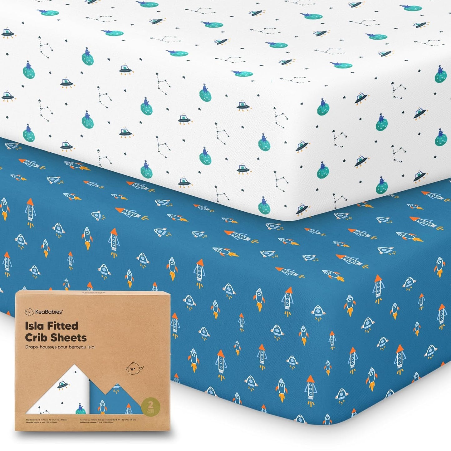 KeaBabies 2-Pack Baby Crib Sheets for Boys, Girls - 52x28 Viscose Derived from Bamboo Toddler Bed Sheets Neutral, Fitted Crib Mattress Cover for Standard Baby Bedding, Soft & Cozy (Space Quest)