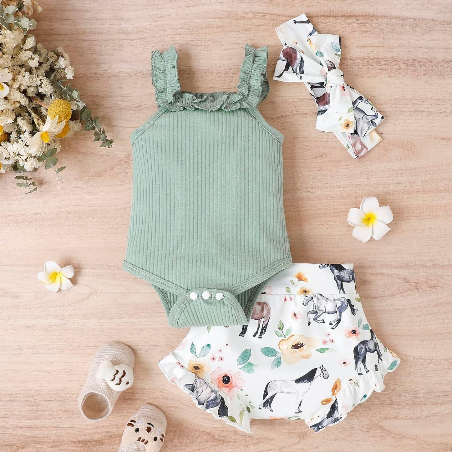 fhutpw Baby Girl Clothes Summer Cute Outfits 3 6 12 18 Months Spaghetti Strap Romper & Floarl Shorts Sets