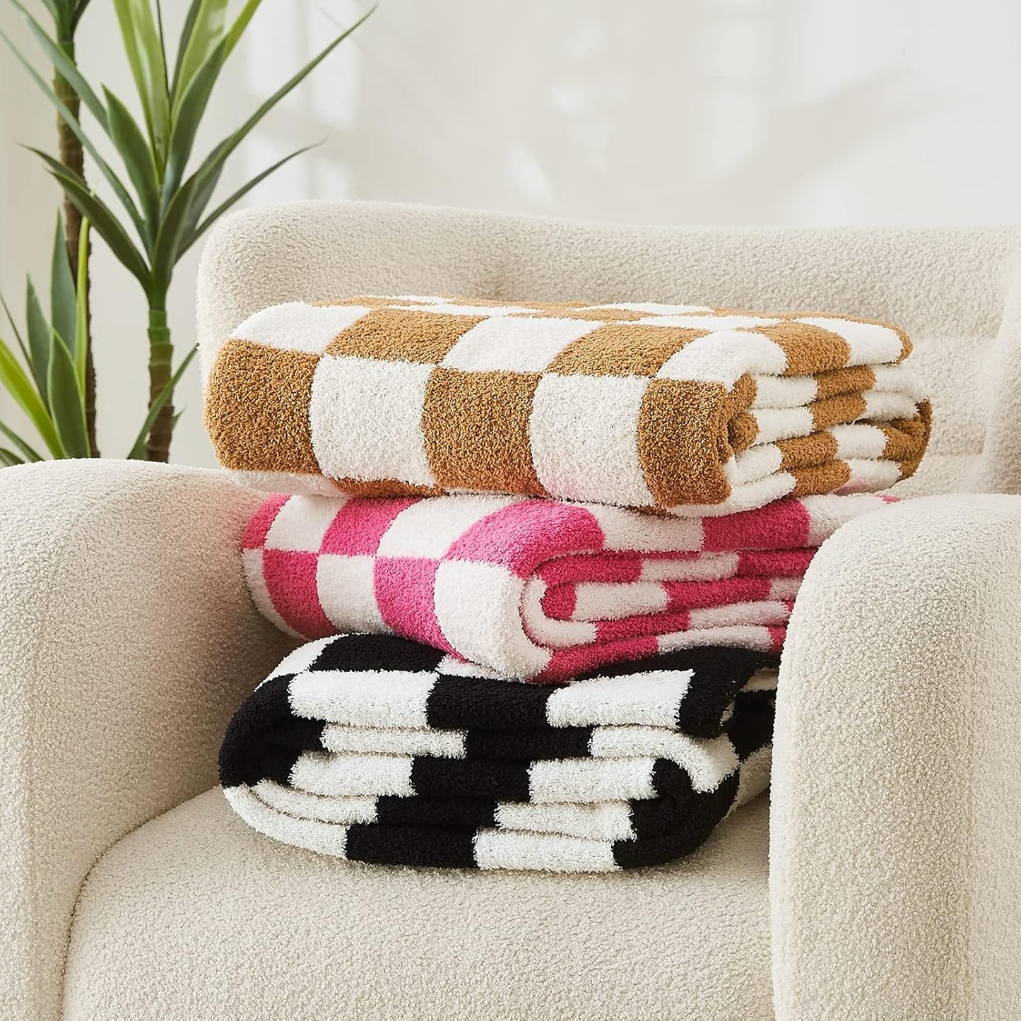 WRENSONGE Checkered Throw Blanket, Burnt Orange Soft Cozy Fluffy Warm Hand Made Throw Blankets for Couch, Sofa, Chair, Bed, Camping, Picnic, Travel Lightweight Bed Blanket - 60"*80"