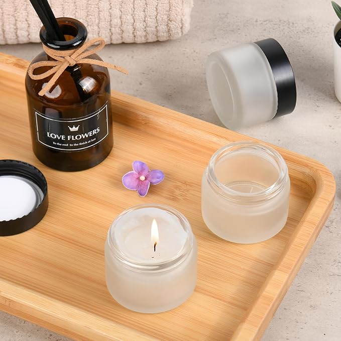 Glass Jars with Lids,Eco-Friendly Cosmetic Containers with Airtight Black Lids & Liners, Multi-Color Options for Cream, Lotion, Body Butter, DIY Skincare Travel Jars (Clear Frosted, 2oz)