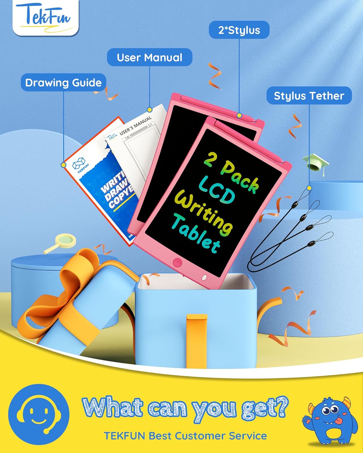 TEKFUN Toys for Girls, 2 Pack LCD Writing Tablet with 4 Stylus, 8.5in Kids Doodle Board Mess Free Coloring Drawing Pad, Travel Car Trip Toys Christmas Birthday Gift for 3 4 5 6 7 Girls (2* Pink)