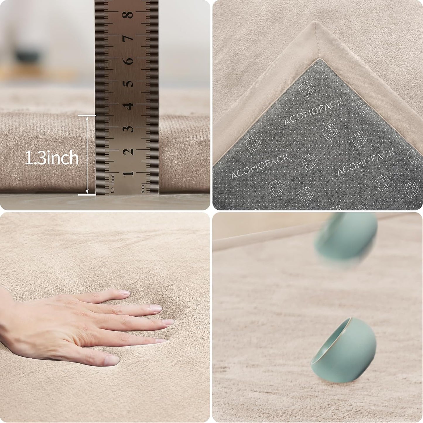 ACOMOPACK Baby Play Mat for Floor 1.3" Thick Memory Foam Play Mat 59"×71" Tummy Time Crawling with Non-Slip Bottom for Living Room,Nursery,Soft Velvet Playpen Mats for Kids,Infants（Beige）