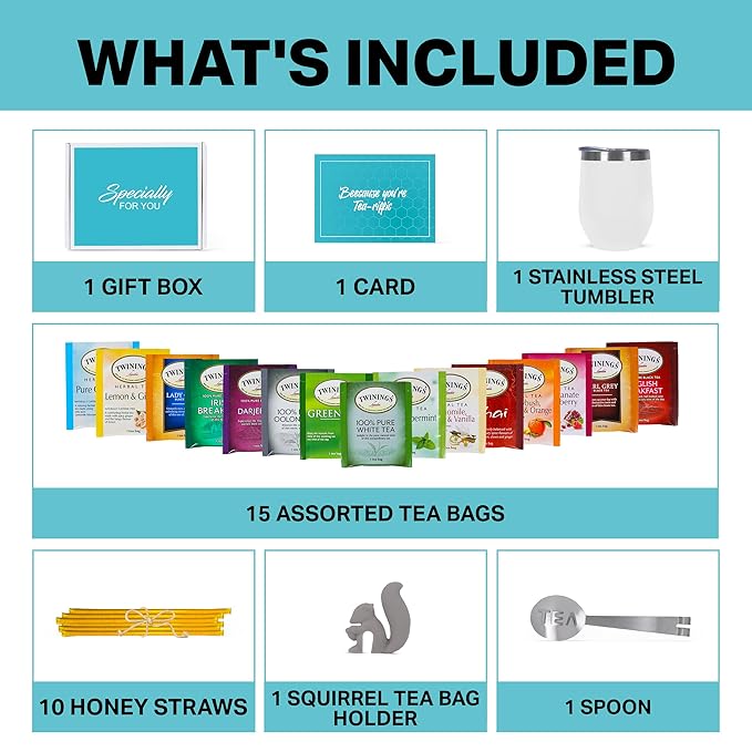 Tea Gifts for Women – Sampler Gift Basket with 15 Unique Blends, Honey Sticks, Stainless Tumbler & Gift-Ready Box (White)