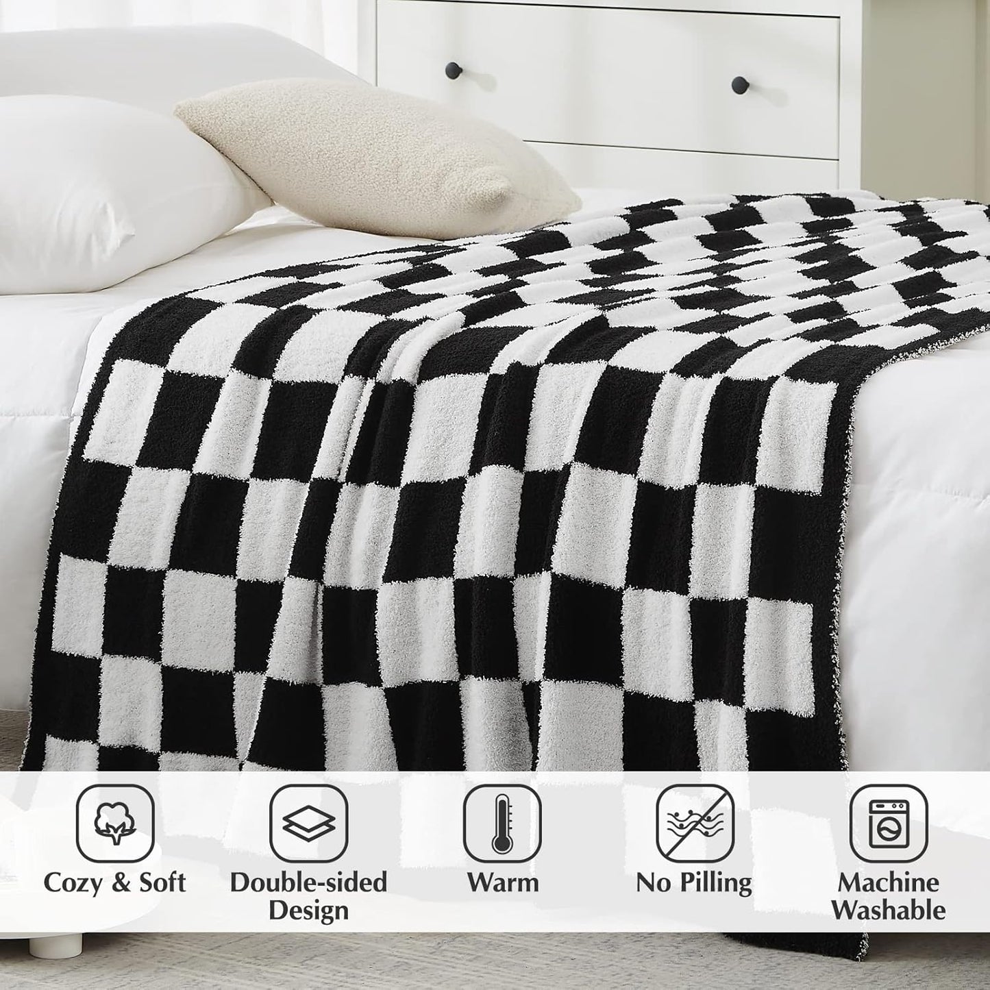 WRENSONGE Checkered Throw Blanket, Black and White Soft Cozy Fluffy Warm Hand Made Throw Blankets for Couch, Sofa, Chair, Bed, Camping, Picnic, Travel Lightweight Bed Blanket - 50"*70"