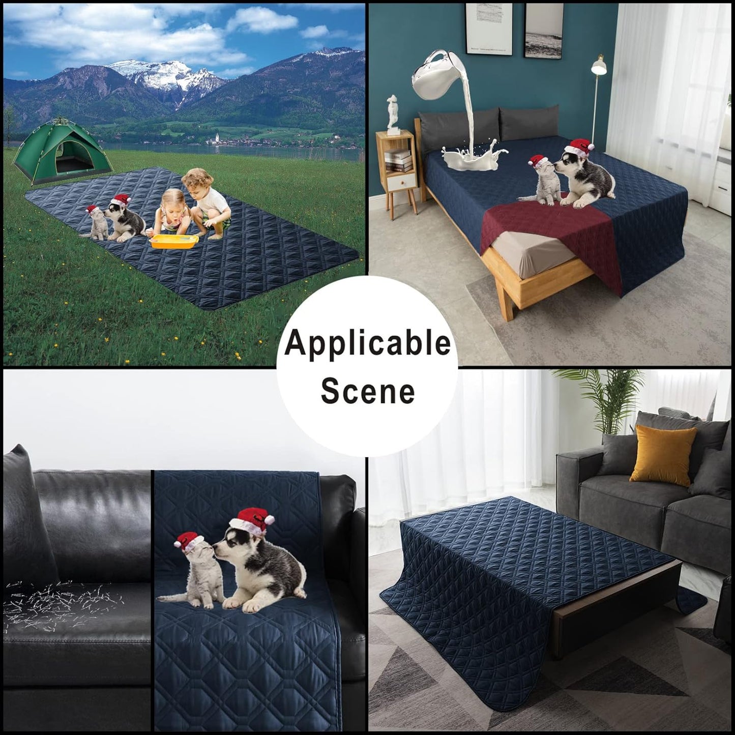 100% Waterproof Dog Bed Cover 120x82 inch Reversible Changing Pad Reusable Camping Mat for Kids/Pet/Dog/Cat Washable Geometric Embroidery Blanket Patchwork Navy+Burgundy