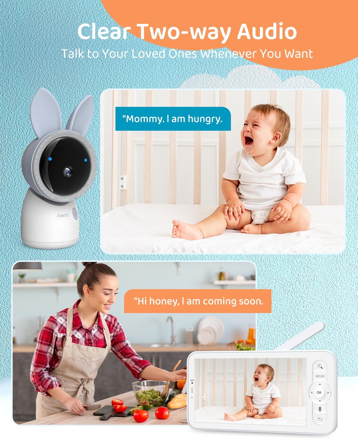 ARENTI Upgraded Baby Monitor, 4MP 2.4G&5G WiFi Baby Camera Monitor, Infrared Night Vision, Night Light, 2-Way Audio, Cry&Motion Detection, Temp&Humidity Sensor, App Control