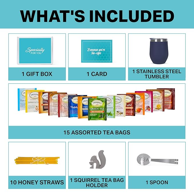 Tea Gift Sets for Tea Lovers Women and Men Tumbler 15 Unique Teas 10 Honey Straws (Decaffeinated)