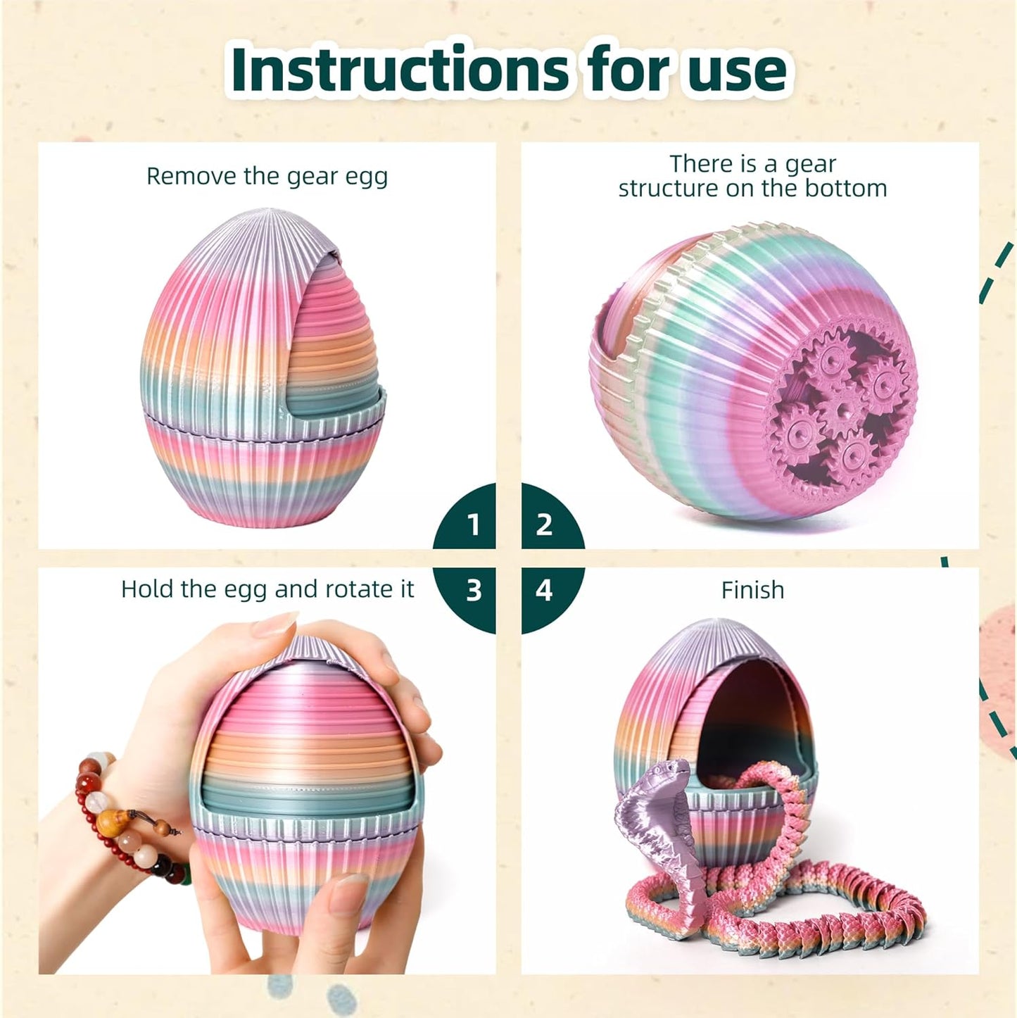 3D Printed Snake Egg - Gear Egg with Snake Inside, 24inch Flexible Snake, Cute Rotary Egg, 3D Printed Gift Toys, Figure Decoration, ADHD (Candy Color Rainbow)