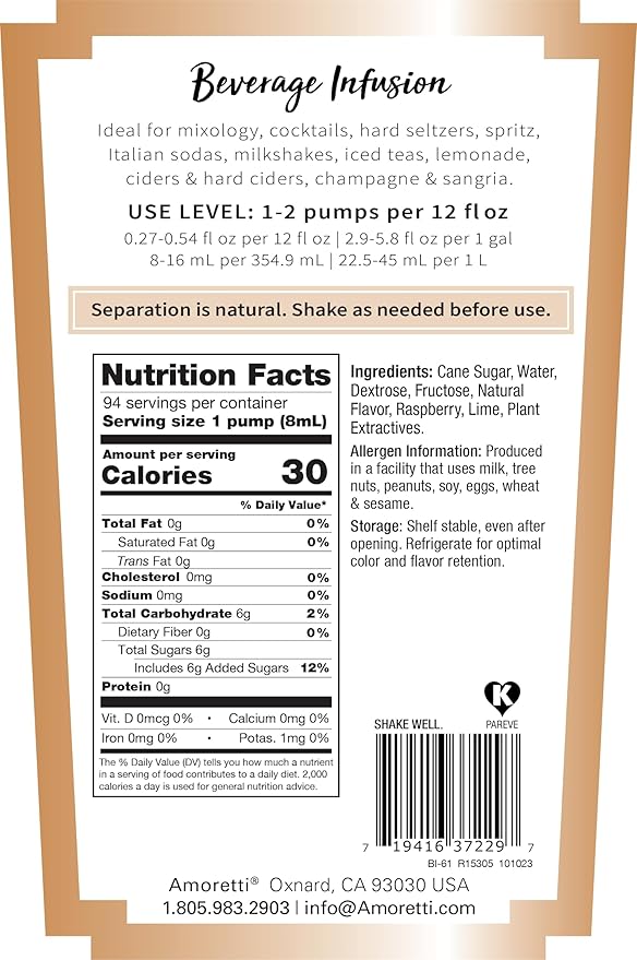 Amoretti - Raspberry Lime Beverage Infusion, 94 Servings Per Bottle (750 ml) - Drink Mix & Water Enhancer with Pump for Flavoring Cocktails, Waters, Teas, and other Beverages, Preservative Free