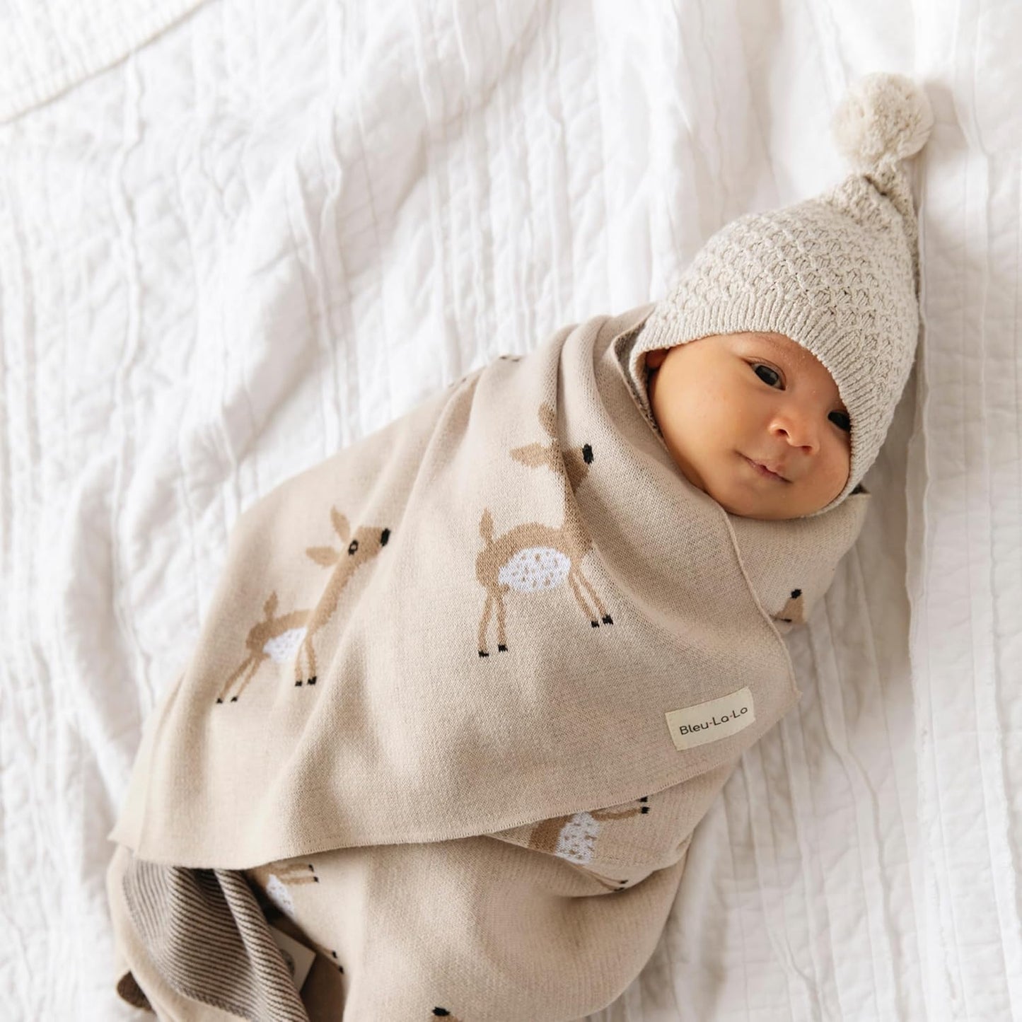 Knit Baby Swaddle Blanket - 100% Cotton Soft Cozy Receiving Swaddling Crib Stroller Quilt Blanket for Shower Gift Registry for Newborns, Infants, Toddlers, Unisex (Deer - Grey)