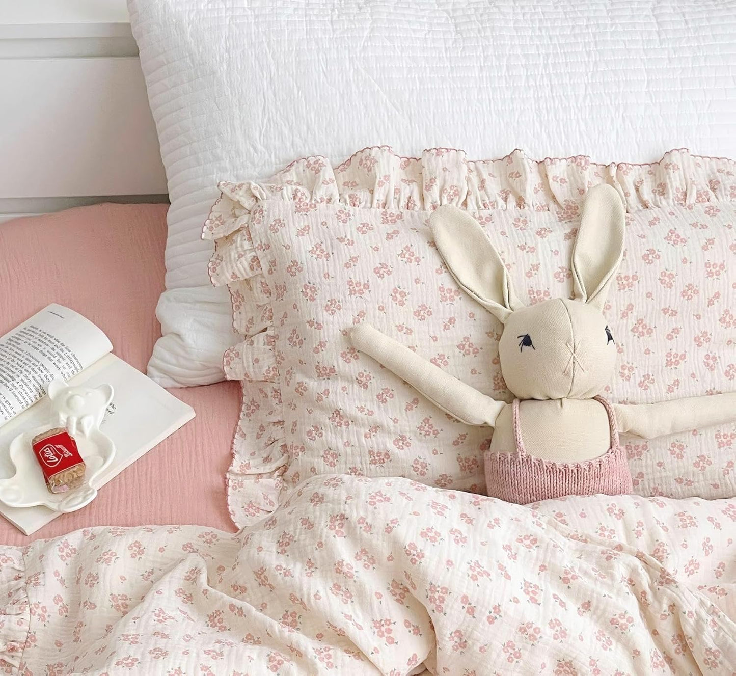 BuLuTu Cotton Muslin Kids Toddler Pillowcase with Galsang Flowers Print, Shabby Chic Nursery Pillowcases with Ruffle Edge, Boys Girls Soft Travel Pillow, Durable Pillow Cover 14"x20", 1 Piece