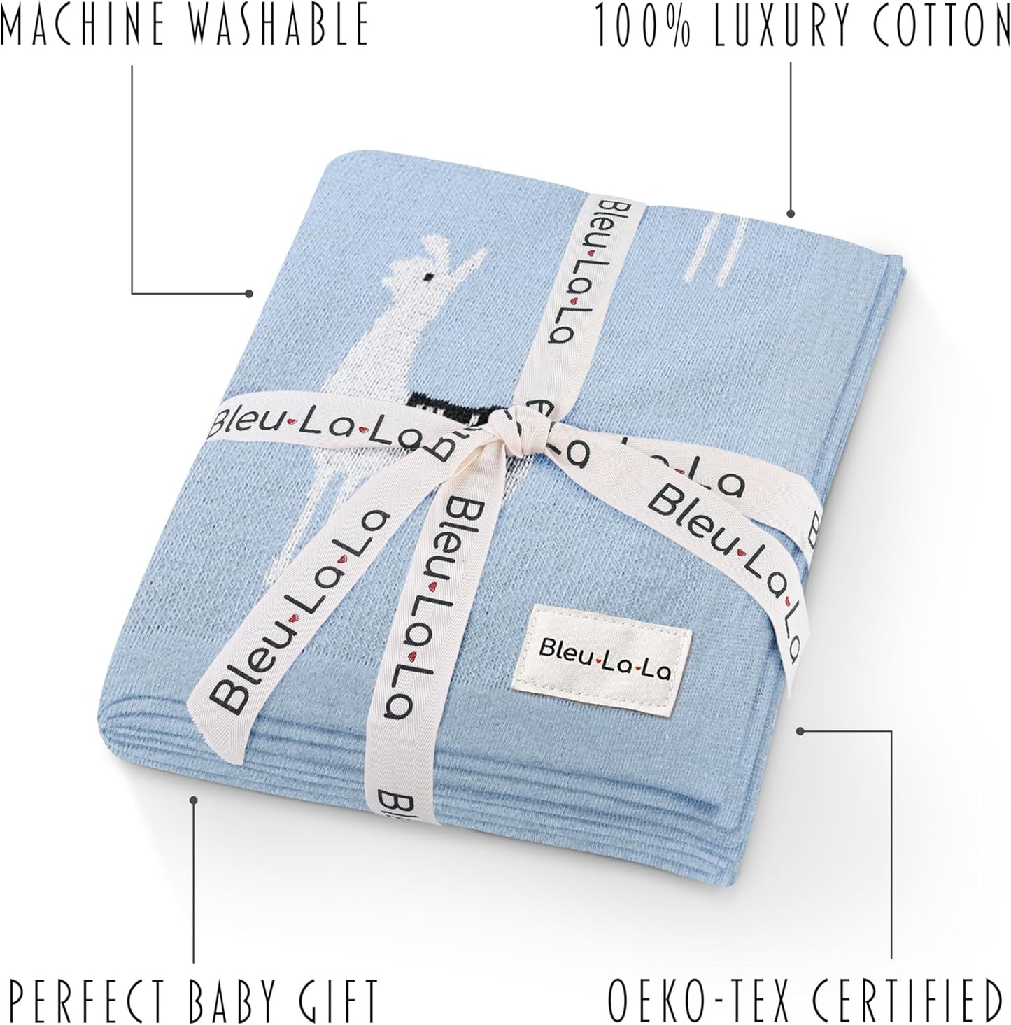 Baby Receiving Swaddle Stroller Blanket - 100% Fine Loomed Cotton Cozy Cuddle Crib Stroller Unisex Quilt Knit Blanket for Newborns Infants Toddler Boys and Girls (Llama - Baby Blue)