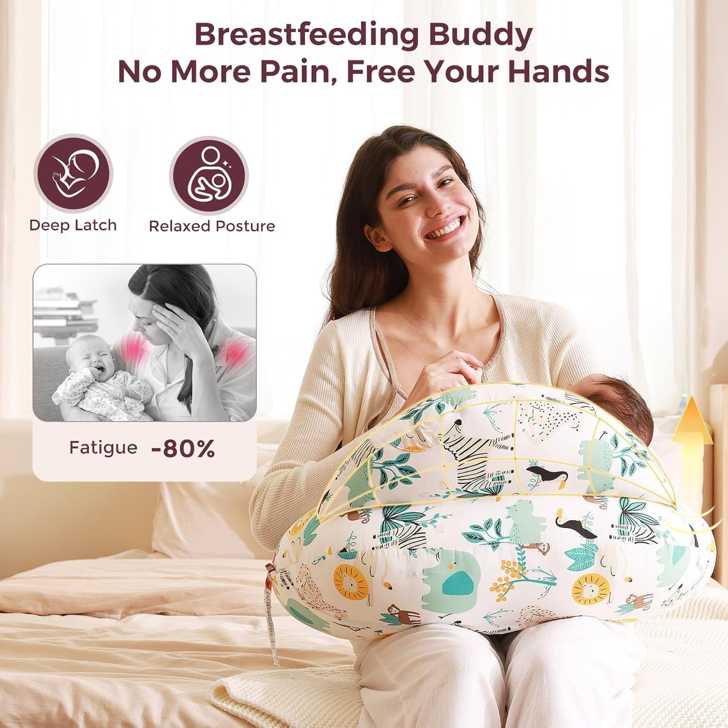 Momcozy Pioneering Safety Fence Nursing Pillow for Breastfeeding- Wider Feeding Pillows for More Support for Mom & Baby- Easier Nursing & Hand Free- Fit for All, Removable Cotton Cover