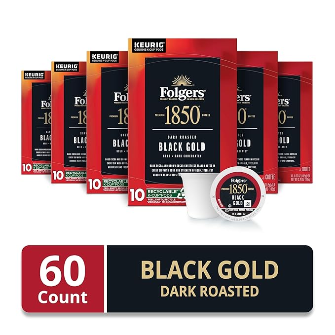 Folgers 1850 Black Gold Dark Roast Coffee, 60 Keurig K-Cup Pods