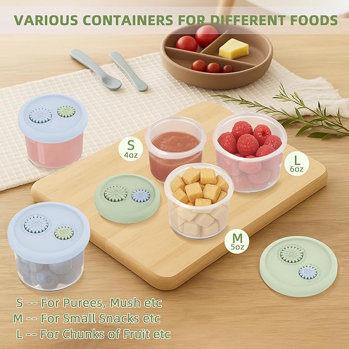 Silicone Baby Food Containers with Date-Tracking Lids, 6-Pack Reusable Snack Containers Food Storage Jars for Infants, Microwave, Dishwasher & Freezer Safe, 3 Sizes