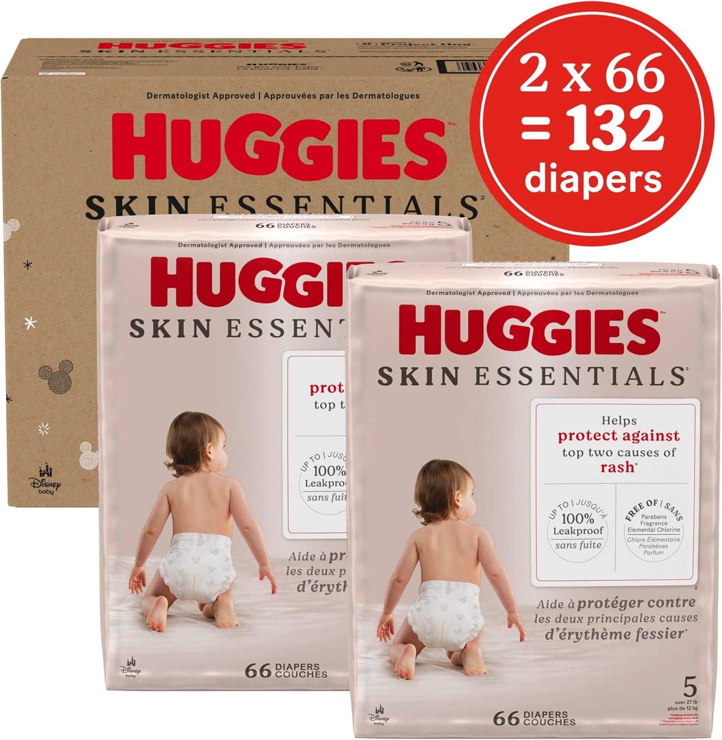 Huggies Size 5 Diapers, Skin Essentials Baby Diapers, Size 5 (27+ lbs), 132 Count (2 Packs of 66), Packaging May Vary